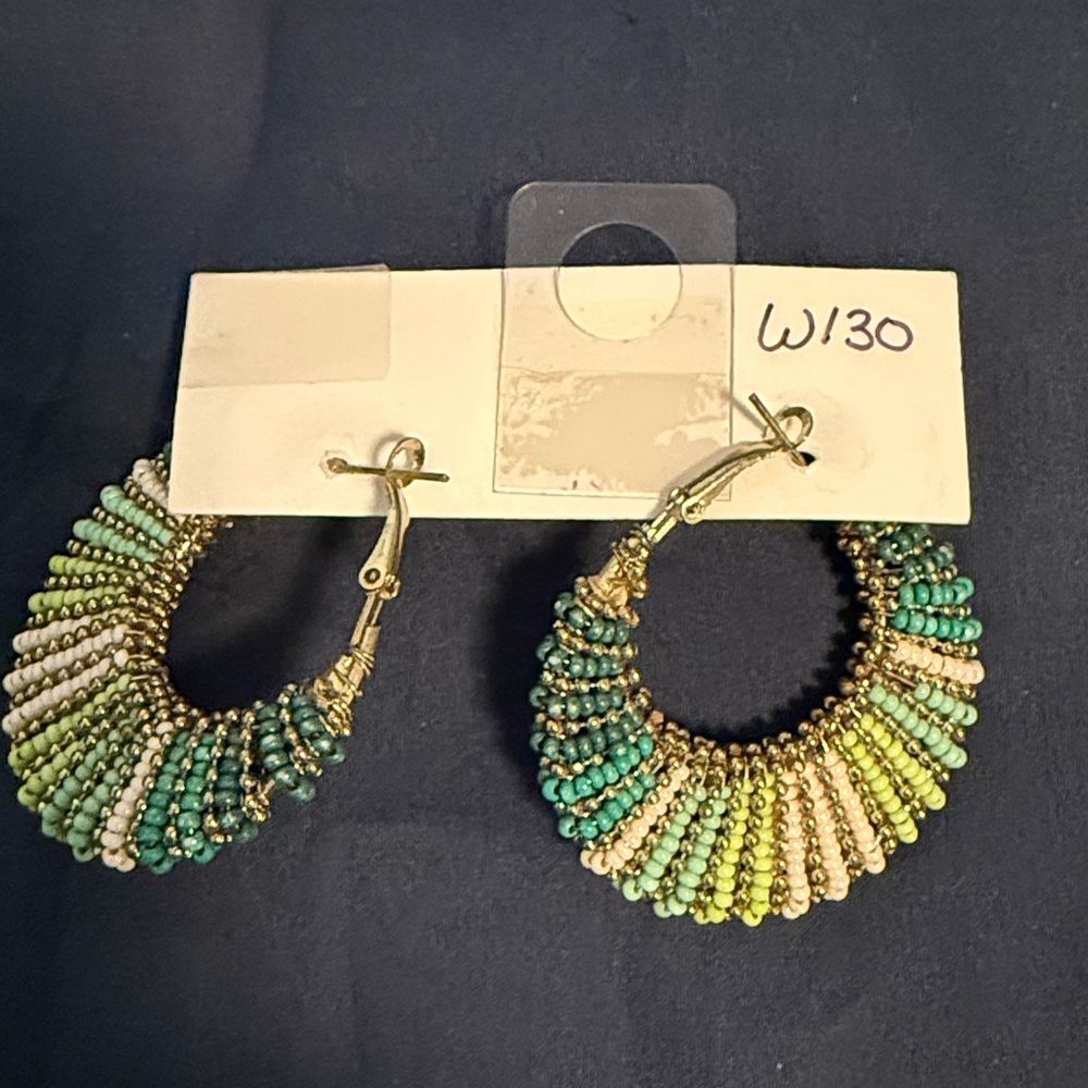 Green and Gold Beaded Hoop Earrings - Picture 3 of 3
